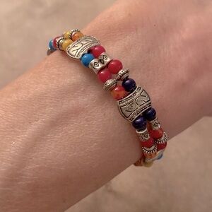 ✅Vintage Silver-tone Rainbow  Cameo Concho Red Blue Yellow Beaded Bracelet